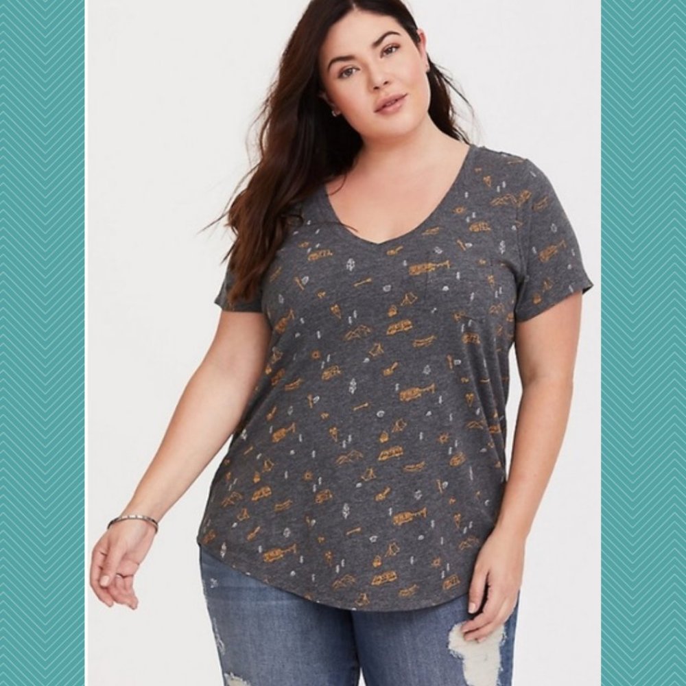 Torrid Gray Cotton Modal Blend Happy Camper V-Neck Tee